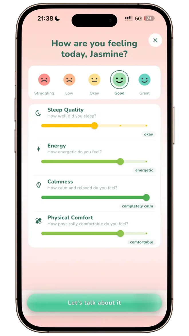 MomMirror mood, sleep, energy and comfort check-in screen