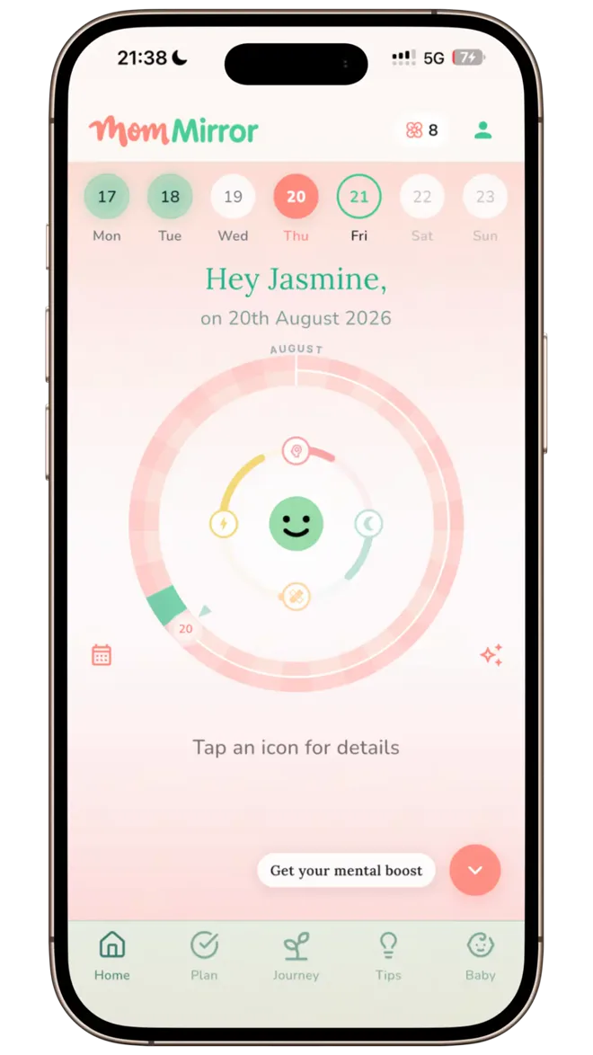 MomMirror daily overview and mental boost screen