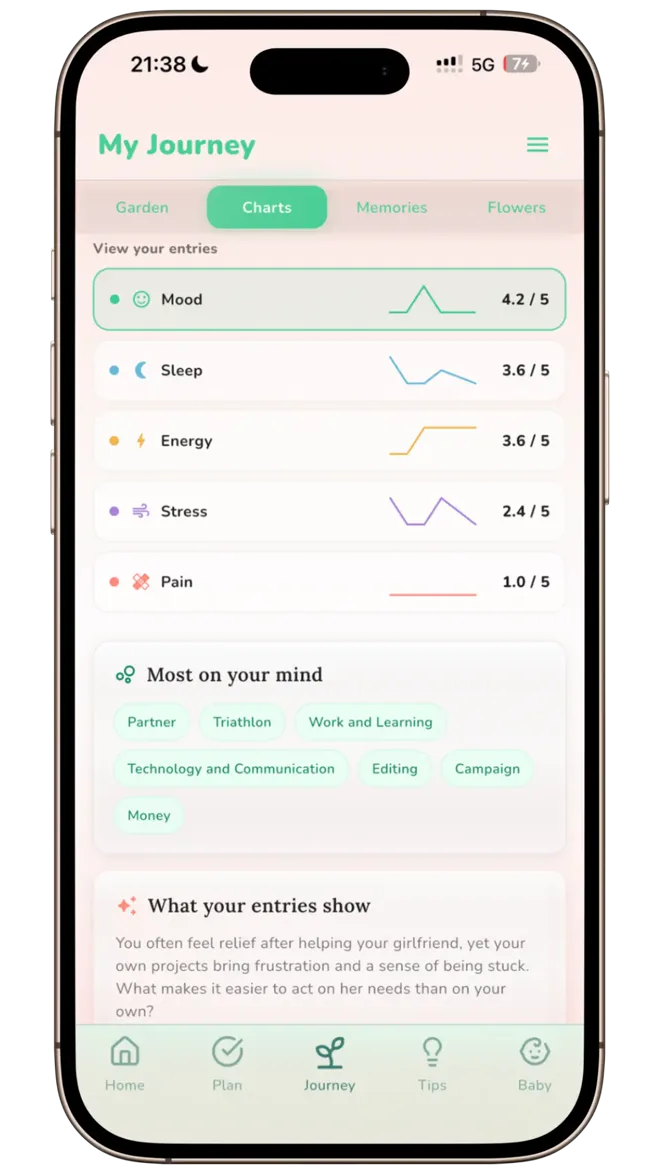 MomMirror chart summary for mood, sleep, energy, stress and pain