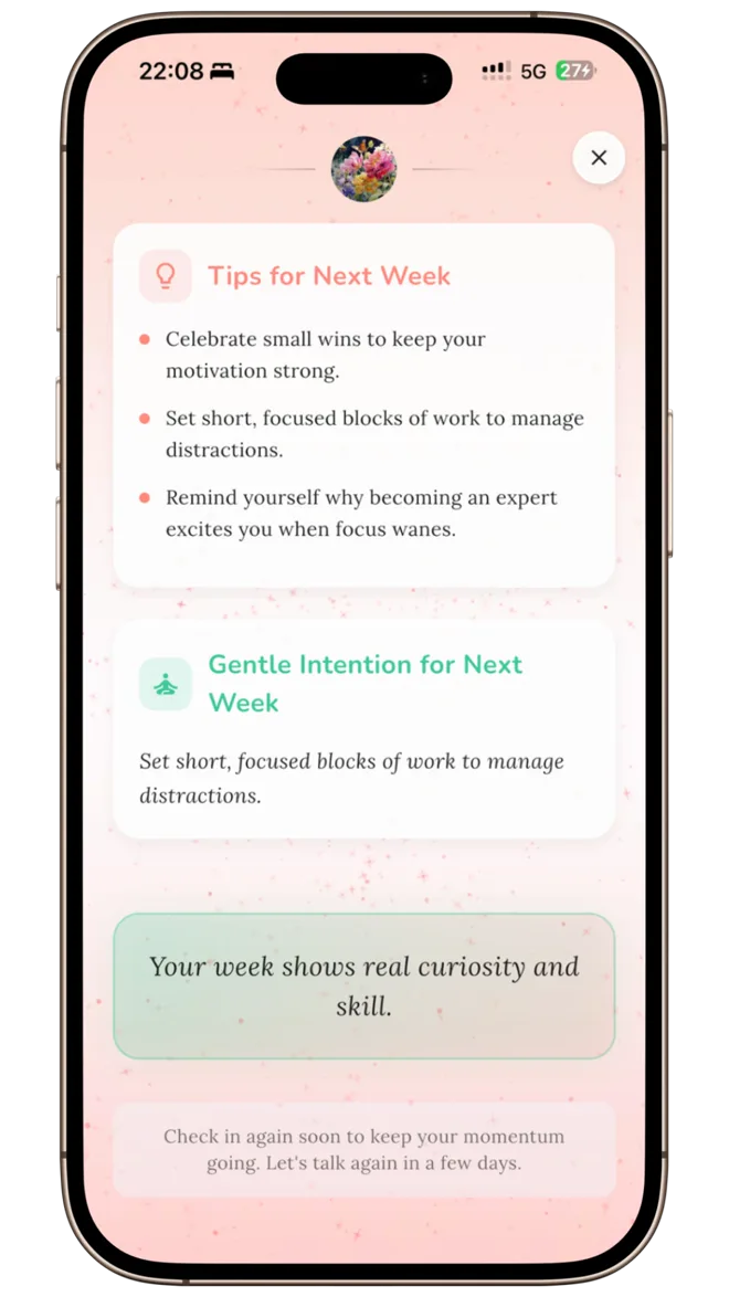 MomMirror weekly review with intentions for next week