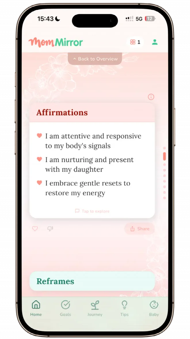 MomMirror personalised insight cards and affirmations screen